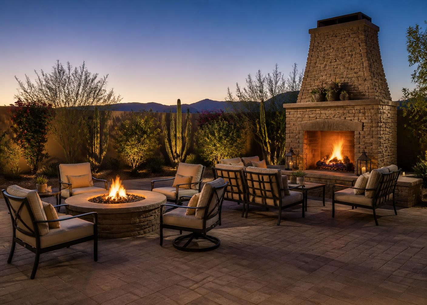 Side by side comparison of a low round gas fire pit with chairs around it and a tall masonry outdoor fireplace on the same desert patio