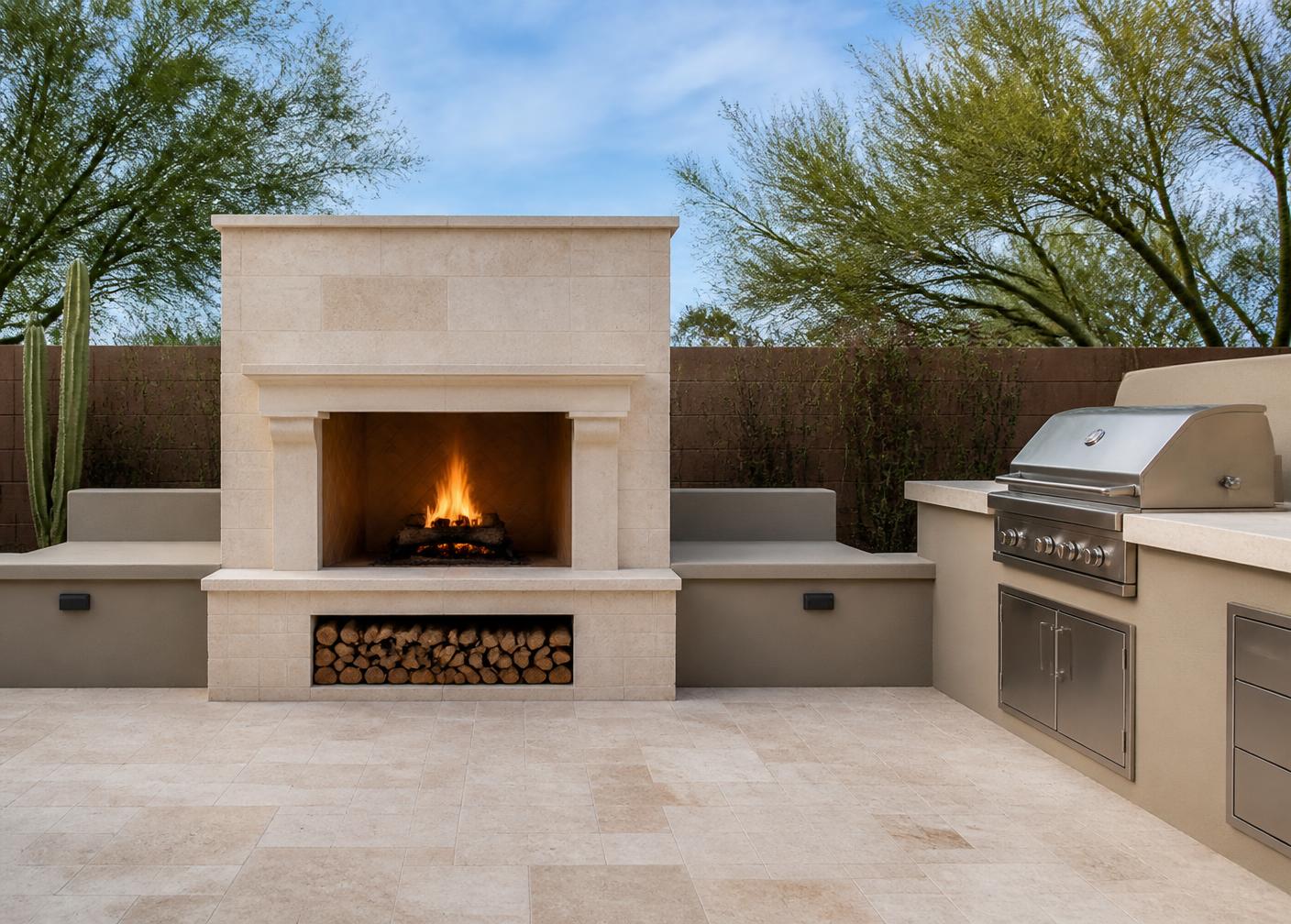 Travertine veneered outdoor fireplace with a wood storage box, flanked by matching seat walls and a built-in bbq island on an Arizona patio